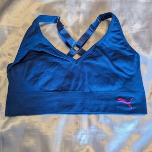 PUMA Women's Blue Sports Bra with Pink Logo